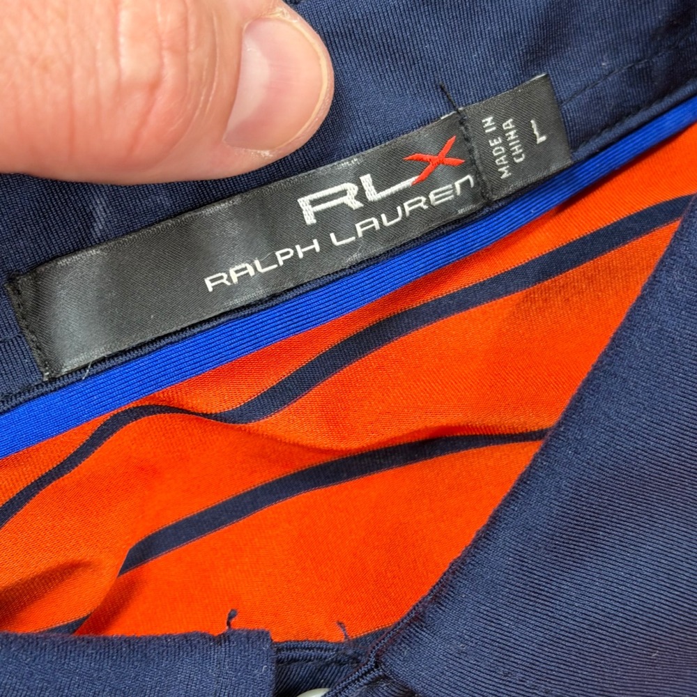 RLX Ralph Lauren Mens L Performance Polo Shirt Orange Navy Striped Erin Hills WI - Picture 5 of 9